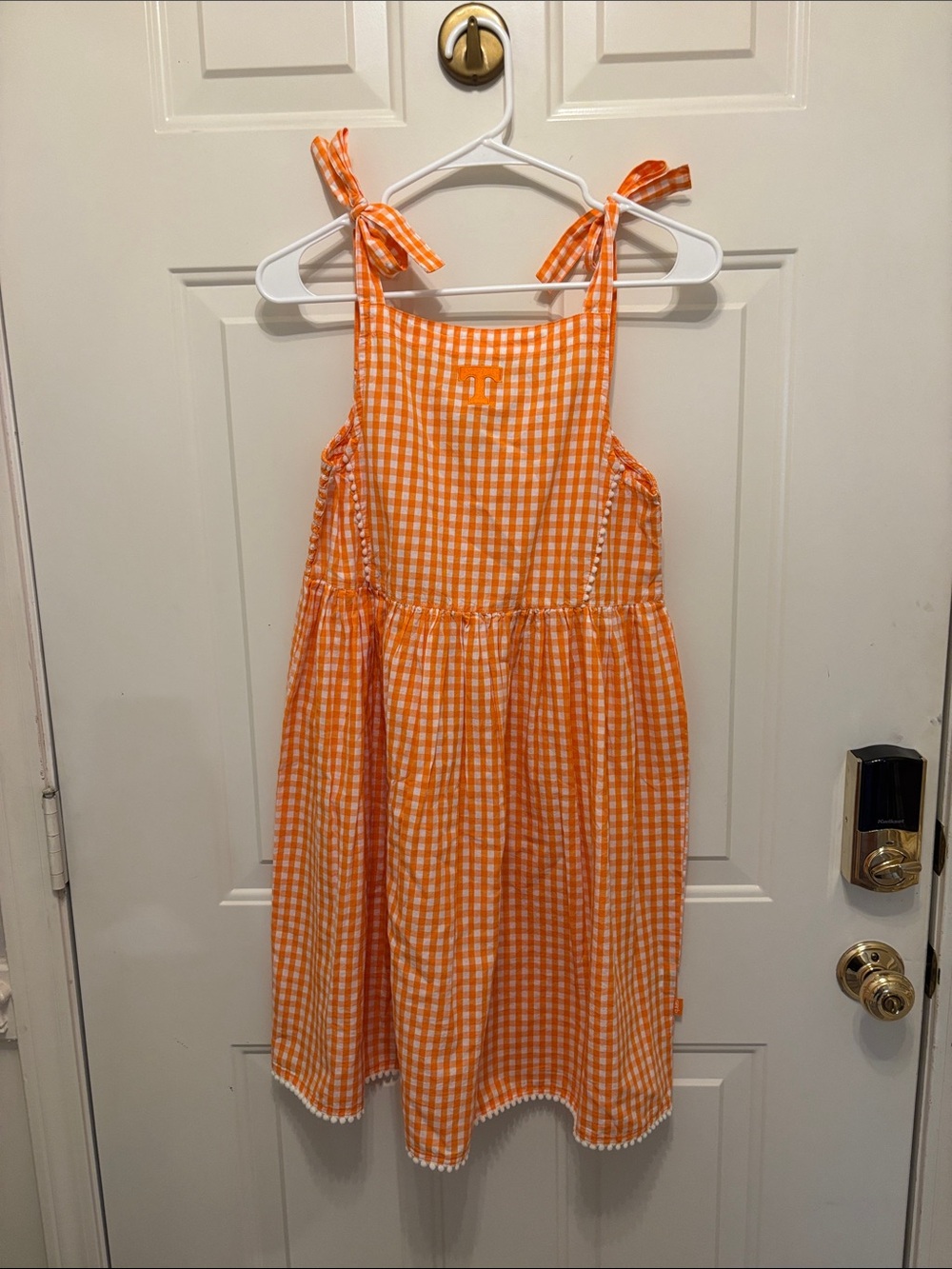 Girls' Orange Gingham Tie-Shoulder Sundress with Pom Trim